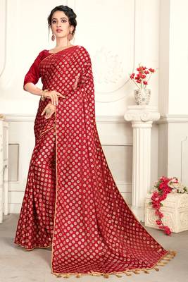 Red plain lycra saree with blouse 1