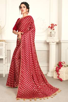 Red plain lycra saree with blouse 2