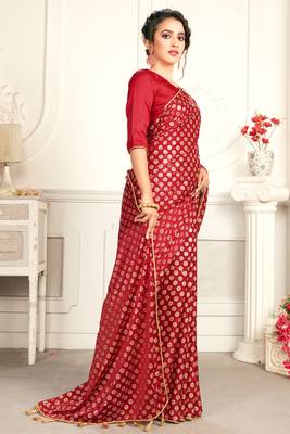 Red plain lycra saree with blouse 3
