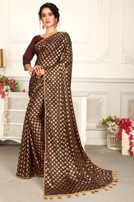Brown plain lycra saree with blouse 1