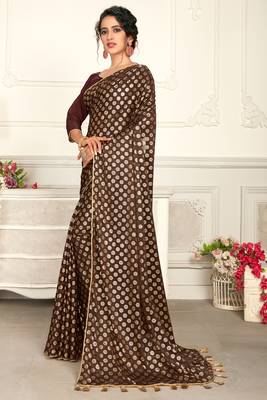 Brown plain lycra saree with blouse 2