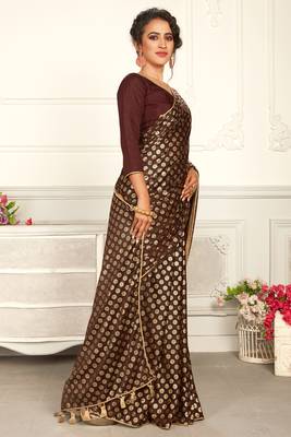 Brown plain lycra saree with blouse 3