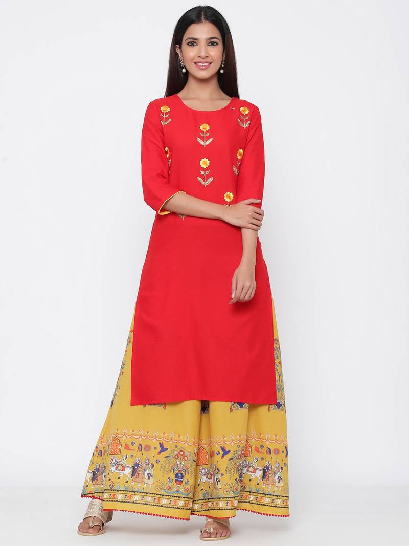 Red embroidered cotton kurtas-and-kurtis