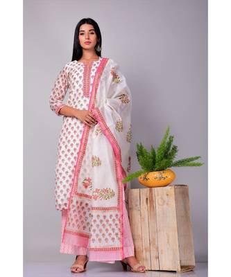 Off white and Pink Chanderi silk Suit Set 1