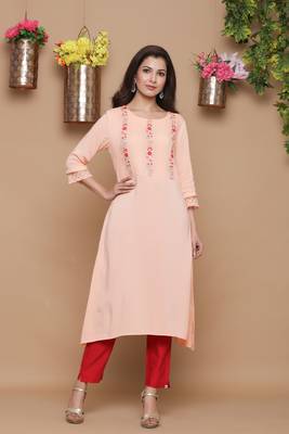 Peach embroidered rayon kurtas-and-kurtis 1