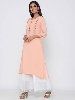 Peach embroidered rayon kurtas-and-kurtis 4