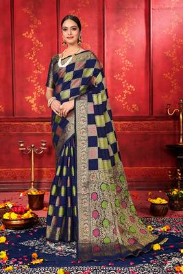 Dark navy blue woven art silk sarees saree with blouse 1