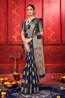 Dark navy blue woven art silk sarees saree with blouse 2