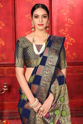 Dark navy blue woven art silk sarees saree with blouse 3