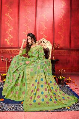 Green woven art silk sarees saree with blouse 2