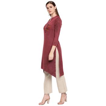 Maroon embroidered rayon kurtas-and-kurtis 4