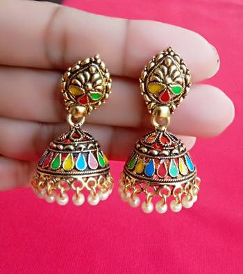 RozMili Oxidized Gold plated Alloy metal Meena keri design Jhumki earrings for women & Girls 2