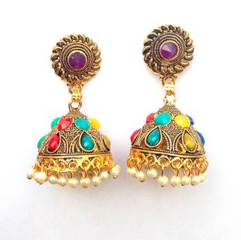 RozMili Oxidized Gold multicolor stone metal party wear Jhumki Earrings for Women & Girls 1