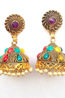 RozMili Oxidized Gold multicolor stone metal party wear Jhumki Earrings for Women & Girls