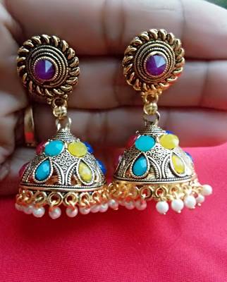 RozMili Oxidized Gold multicolor stone metal party wear Jhumki Earrings for Women & Girls 2