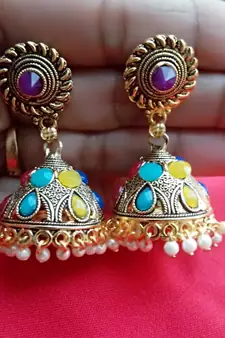 RozMili Oxidized Gold multicolor stone metal party wear Jhumki Earrings for Women & Girls