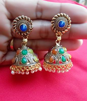 RozMili Oxidized Gold Plated Multicolor Stone party wear Earrings for women and Girls 2
