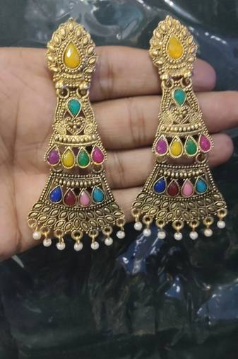 RozMili Oxidized Gold plated Afghani design Alloy metal Drop earrings for Women & Girls