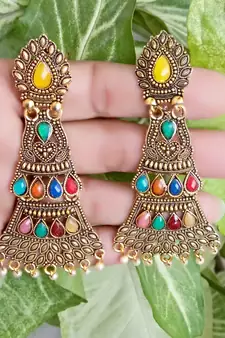 RozMili Oxidized Gold plated Afghani design Alloy metal Drop earrings for Women & Girls