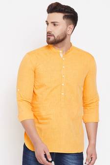 Yellow plain pure linen men-kurtas