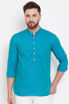 Turquoise plain pure linen men-kurtas