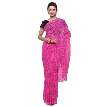 Pink printed faux georgette saree with blouse 1