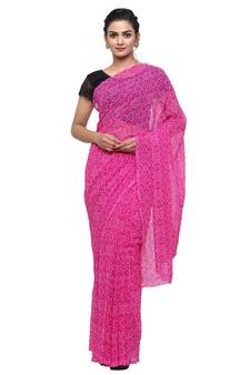 Pink printed faux georgette saree with blouse