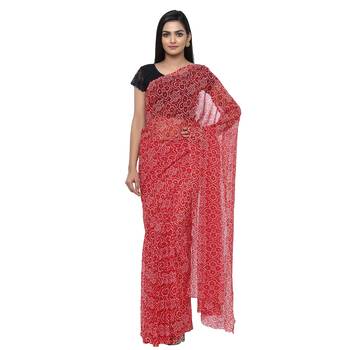 Red printed faux georgette saree with blouse 1