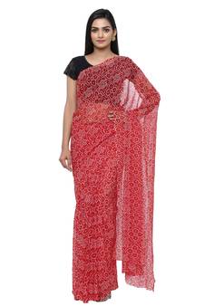 Red printed faux georgette saree with blouse
