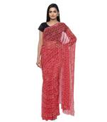 Red printed faux georgette saree with blouse