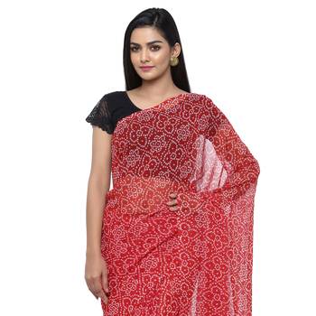 Red printed faux georgette saree with blouse 3