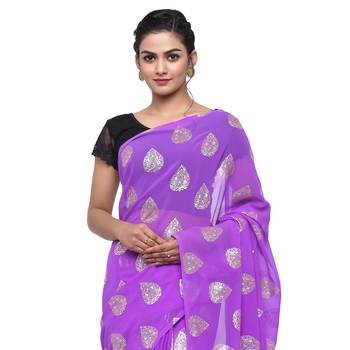 Purple printed faux georgette saree with blouse 3