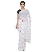 White printed faux georgette saree with blouse