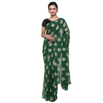 Green printed faux georgette saree with blouse 1