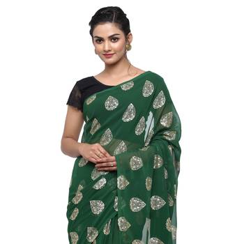 Green printed faux georgette saree with blouse 3