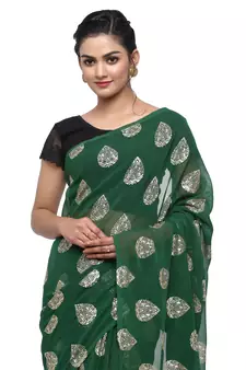 Green printed faux georgette saree with blouse