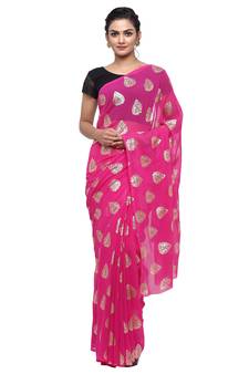 Pink printed faux georgette saree with blouse