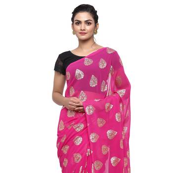 Pink printed faux georgette saree with blouse 3