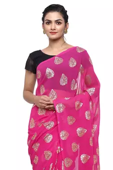 Pink printed faux georgette saree with blouse