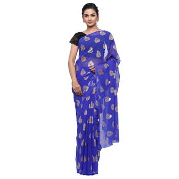 Blue printed faux georgette saree with blouse 1