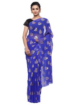 Blue printed faux georgette saree with blouse