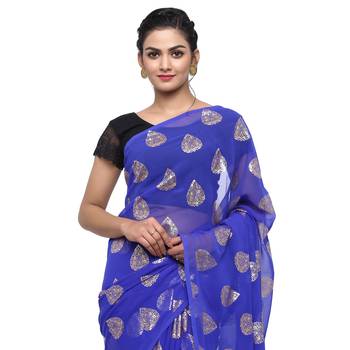 Blue printed faux georgette saree with blouse 3