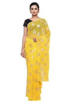 Yellow printed faux georgette saree with blouse