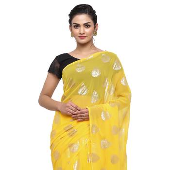 Yellow printed faux georgette saree with blouse 3