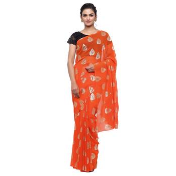 Orange printed faux georgette saree with blouse 1