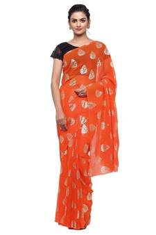 Orange printed faux georgette saree with blouse