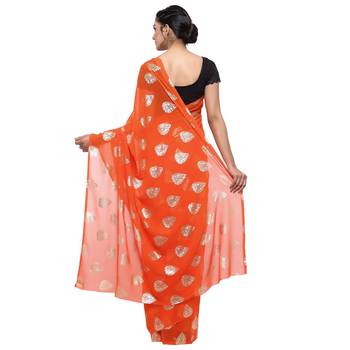 Orange printed faux georgette saree with blouse 2