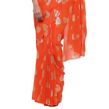 Orange printed faux georgette saree with blouse 4