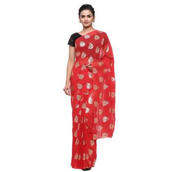 Red printed faux georgette saree with blouse 1