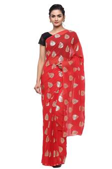 Red printed faux georgette saree with blouse